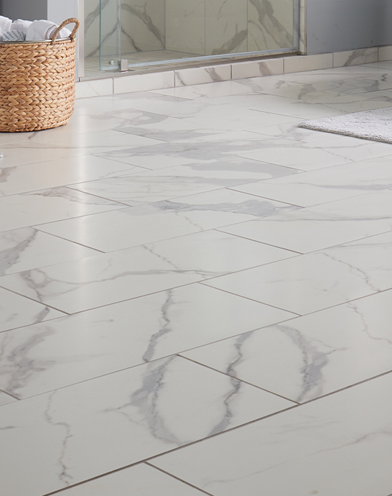 Marble look tile in bathroom